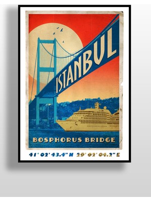 Hari Tasarım Retro Koordinatlı Şehir Posteri,15 Temmuz Şehitler Köprüsü, Çerçevesiz Poster-Harita Sanatı, Map Art Design