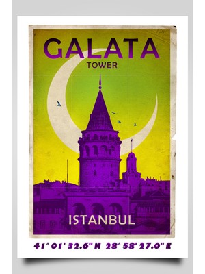 Hari Tasarım Retro Koordinatlı Şehir Posteri, Galata Kulesi, Çerçevesiz Poster-Harita Sanatı, Map Art Design