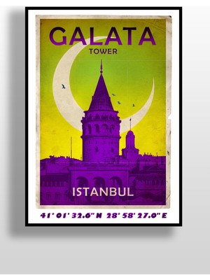 Hari Tasarım Retro Koordinatlı Şehir Posteri, Galata Kulesi, Çerçevesiz Poster-Harita Sanatı, Map Art Design