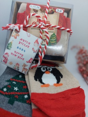 2 Adet Yeni Yıl Temalı Çocuk Soket Çorap Hediye Paketli
