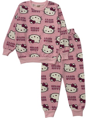 Kız Çocuk Iki Iplik Pamuklu Şardonlu Pembe Hello Kitty Desen Uzun Kollu Pijama Takımı