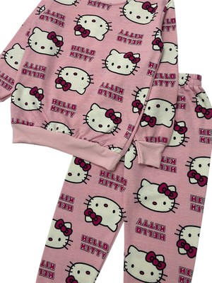 Kız Çocuk Iki Iplik Pamuklu Şardonlu Pembe Hello Kitty Desen Uzun Kollu Pijama Takımı