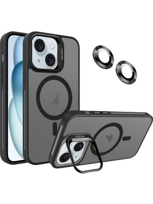 Fibaks Apple iPhone 15 Kılıf Standlı Mat Magsafe Metal Tuşlu Kamera Lens Hediyeli Wonk Kapak