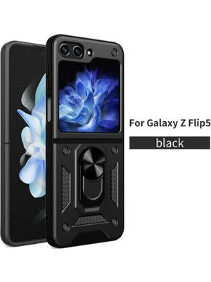 Fibaks Samsung Galaxy Z Flip 5 Kılıf Kamera Korumalı Sürgülü Yüzüklü Armor Military Tank Koruyucu Kapak