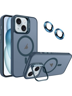 Fibaks Apple iPhone 15 Kılıf Standlı Mat Magsafe Metal Tuşlu Kamera Lens Hediyeli Wonk Kapak