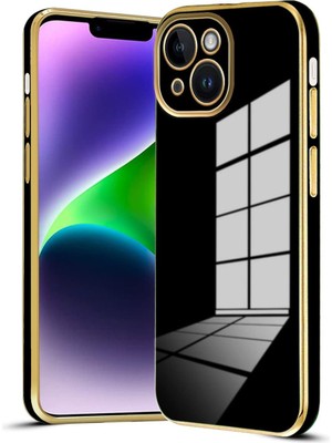 Fibaks Apple iPhone 13 Uyumlu Kılıf Parlak Kenarlı Altın Işlemeli Kamera Korumalı Kapak