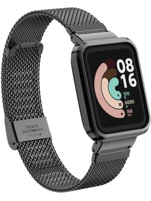 Fibaks Xiaomi Redmi Watch 2 Lite Metal Hasır Işlemeli Kasalı Klipsli Kasa Koruyuculu Kordon Kayış