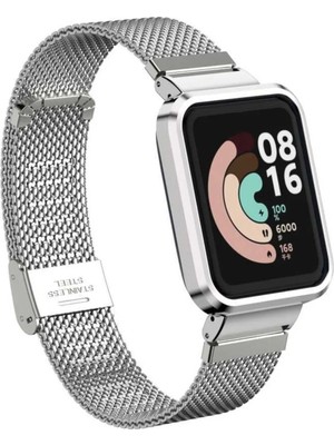 Fibaks Xiaomi Redmi Watch 2 Lite Metal Hasır Işlemeli Kasalı Klipsli Kasa Koruyuculu Kordon Kayış