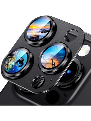 Fibaks Apple iPhone 14 Pro Kamera Lens Koruyucu Metal Çerçeveli Tam Koruma Temperli Cam