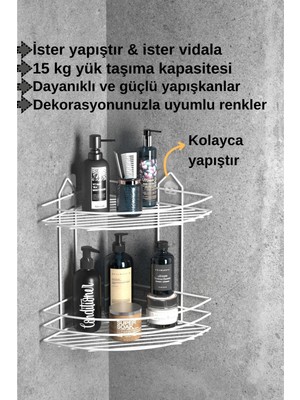 Teknotel Banyo Düzenleyici Şampuanlık Sabunluk 2 Katlı Yapışkanlı Banyo Duş Rafı Beyaz ST002