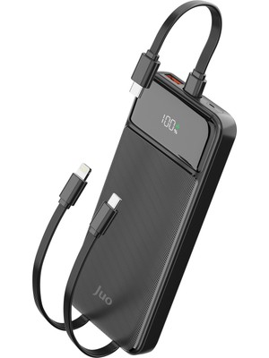 Juo 10000MAH 22.5W LED Ekranlı Lightning ve Type-C Kablolu Powerbank Taşınabilir Hızlı Şarj Cihazı Siyah