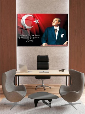 Taulart Atatürk 4mm Kırılmaz Temperli Yüksek Çözünürlüklü Cam Tablo Atatürk ve Türk Bayrağı Yatay Cam Tablo, Vatanını En Çok Seven Görevini En Iyi Yapandır
