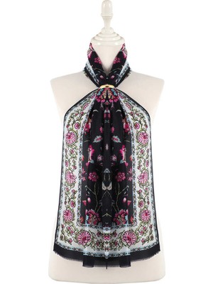 Lacivert Lilyum Desen Vual Ipek Fular