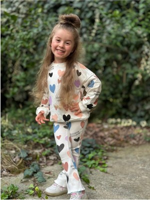 Yiğit Butik Yigit Butik Renkli Kalp Baskılı Taytlı Kız Çocuk Takım