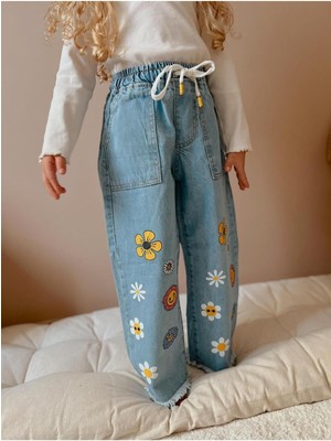 Yiğit Butik Çiçek Baskılı Kız Çocuk Jeans Pantolon