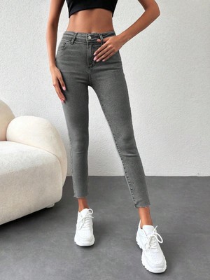 Kadın Skinny Fit Yüksek Bel Jeans Gri