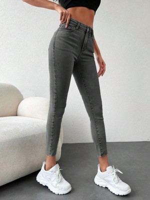 Kadın Skinny Fit Yüksek Bel Jeans Gri
