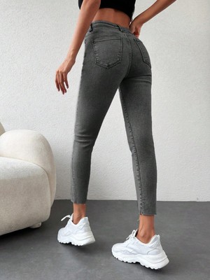 Kadın Skinny Fit Yüksek Bel Jeans Gri