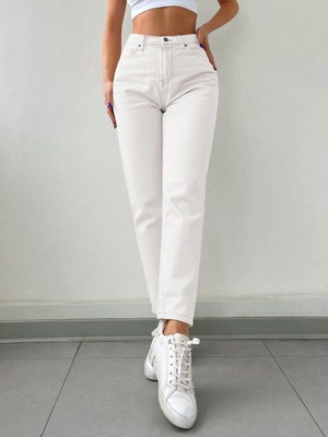 Kadın Mom Fit Jeans Kot Pantolon Beyaz