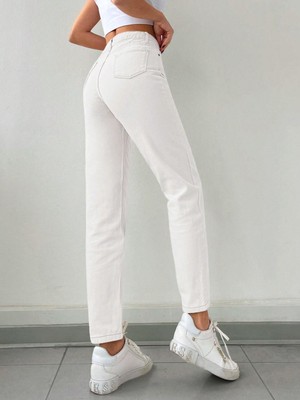 Kadın Mom Fit Jeans Kot Pantolon Beyaz
