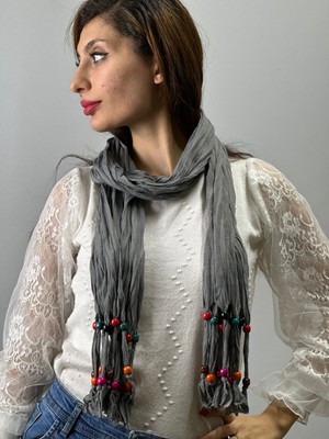 Gönülden Tasarım Ahşap Boncuklu Penye Kadın Fular Boyun Şalı 160X40 cm