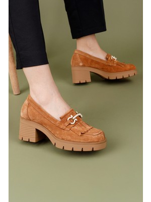 Perves Kadın Hakiki Süet Deri Taba Topuklu Loafer Ayakkabı