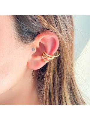 Ferizz Altın Kaplama Zirkon Taşlı Yıldız Detaylı Çelik Ear Cuff Küpe UNK-686