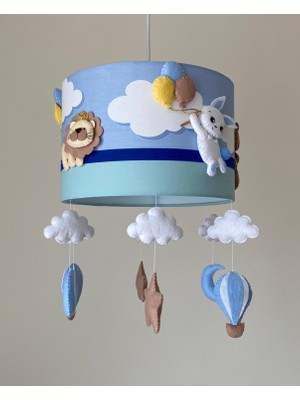 Mavi Bulutlu Lacivert Şeritli Karışık Hayvan Figürlü Bebek Çocuk Odası Tasarım Aydınlatma Avize