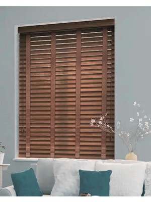 YS Perde Tasarım Wooden Blinds  Doğal Ahşap Jaluzi 50MM Alüminyum Kasalı Yüksek Kaliteli - Koyu Meşe