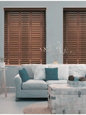 Wooden Blinds  Doğal Ahşap Jaluzi 50MM Alüminyum Kasalı Yüksek Kaliteli - Koyu Meşe