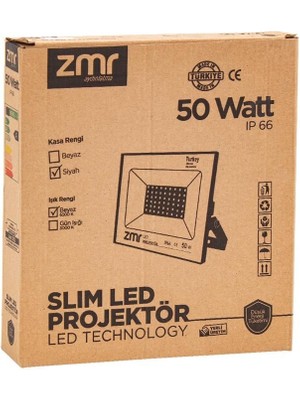 ZMR 50 WATT - 220 VOLT 6500K IP66 150* IŞIK AÇISI SİYAH SLİM KASA LED PROJEKTÖR