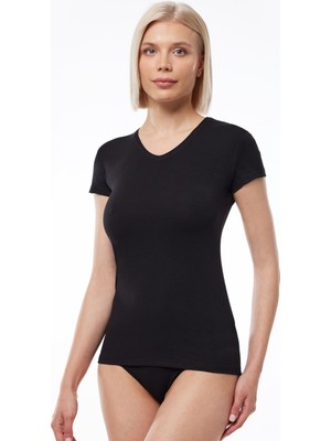 Malabadi Kadın Siyah V Yaka Kısa Kollu Modal Body 145