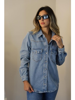 Derya Butik Oversize Blue Kar Yıkama Gömlek