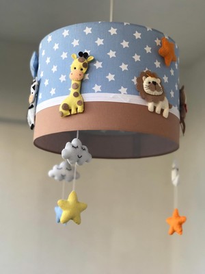 Mavi Minik Yıldızlı Kahve Renkli Karısık Hayvan Figürlü Bebek Çocuk Odası Tasarım Aydınlatma Avize