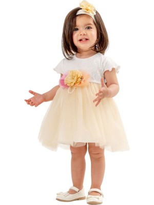 Kız Bebek Beyaz Bej Tüllü Çiçekli Bandanalı Elbise - 1014207