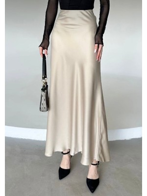 Kadın Şık Floş Viskon Saten Kemeri Lastikli Maxi Boy A Line Etek