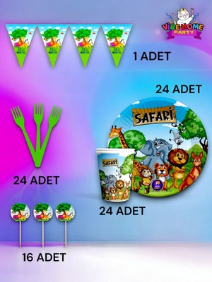 VibeHome 24 Kişilik Safari Temalı Eko Set - Doğum Günü Parti ve Eğlenceli Etkinlikler