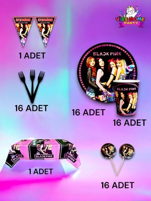 VibeHome 16 Kişilik Black Pink Temalı Premium Set - Doğum Günü Parti ve Eğlenceli Etkinlikler