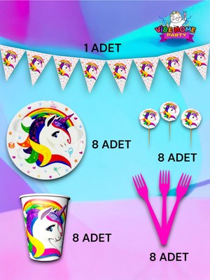 VibeHome 8 Kişilik Unicorn Temalı Eko Set - Doğum Günü Parti ve Eğlenceli Etkinlikler