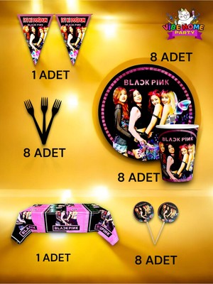 VibeHome 8 Kişilik Black Pink Temalı Premium Set - Doğum Günü Parti ve Eğlenceli Etkinlikler