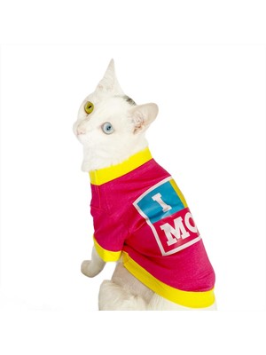 Kemique I Love Mom Pink, Oval Yaka Tişört Kedi Kıyafeti Kedi Elbisesi Anneler Günü