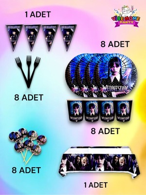 VibeHome 8 Kişilik Wednesday Temalı Premium Set - Doğum Günü Parti ve Eğlenceli Etkinlikler