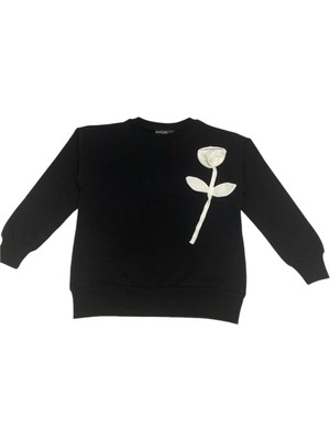 Gugo Kız Çocuk Çicek Aksesuarlı Sweatshirt 5-14 Yaş Siyah