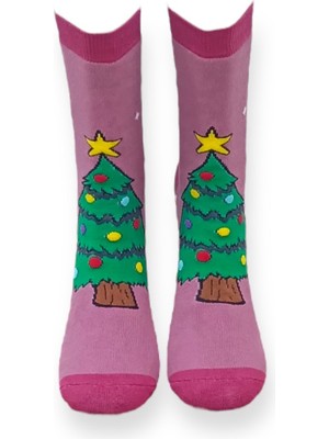 Mevo Tekli Pembe Renkli Unisex Esnek Nem Alabilen Pamuklu Christmas Desenli Havlu Çorap