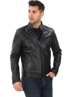 Hakim Yaka Punto Dikişli Spor Erkek Deri Ceket Siyah Renk