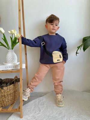 Sacro Kids Çanta Detaylı Eşofman-Sweatshirt 3 Iplik Şardonlu Kışlık Erkek Çocuk Takım