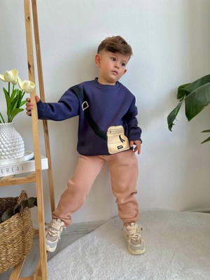 Sacro Kids Çanta Detaylı Eşofman-Sweatshirt 3 Iplik Şardonlu Kışlık Erkek Çocuk Takım