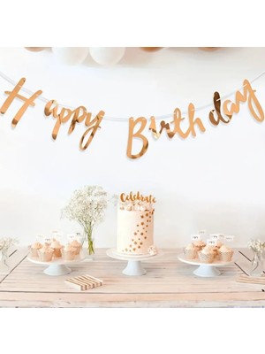 Parti Aşkı Metalik Parlak Rose Gold Happy Birthday Kaligrafi Yazı Banner Seti & Parlak Rose İyiki Doğdun Yazı Süsü