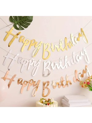 Parti Aşkı Metalik Parlak Rose Gold Happy Birthday Kaligrafi Yazı Banner Seti & Parlak Rose İyiki Doğdun Yazı Süsü