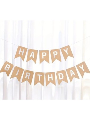 Parti Aşkı Kraft Zemine Beyaz Yazılı Happy Birthday Banner & Retro Tarz Iyiki Doğdun Yazı Süsü